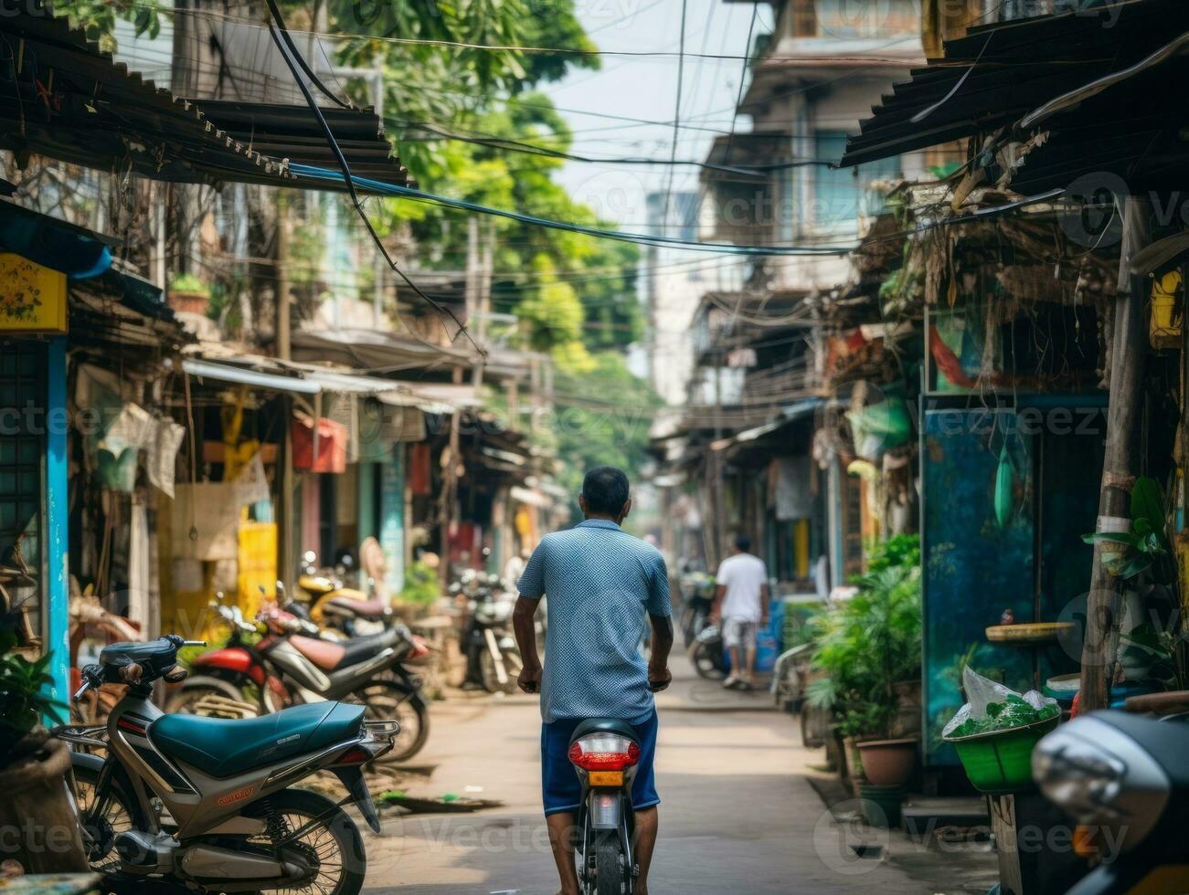 uomo gode un' senza fretta passeggiare attraverso il vivace città strade ai generativo foto