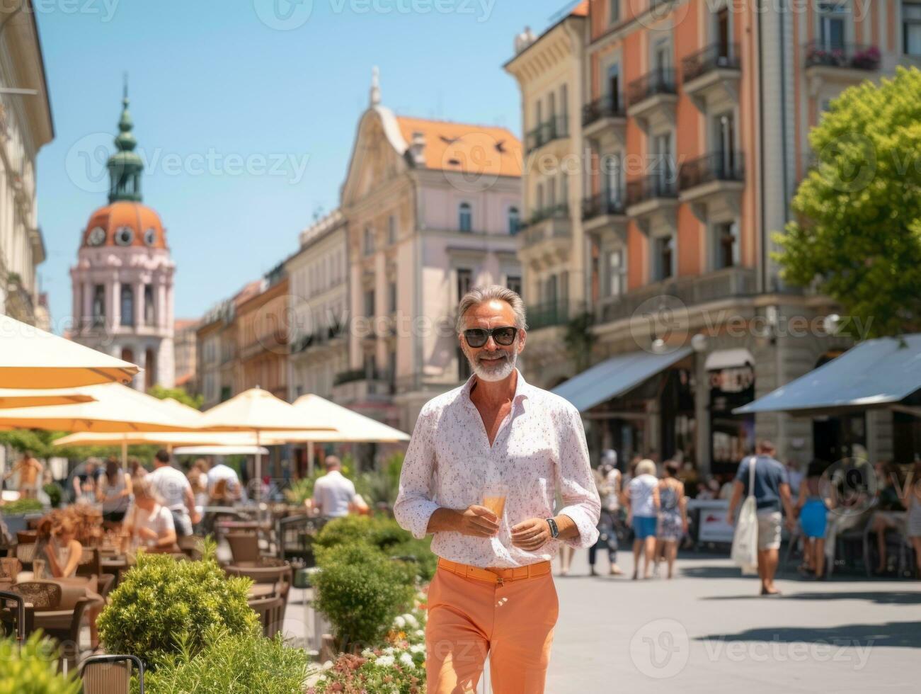 uomo gode un' senza fretta passeggiare attraverso il vivace città strade ai generativo foto