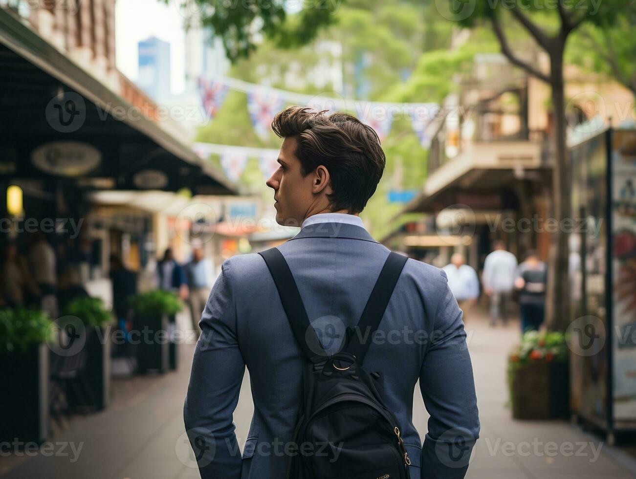 uomo gode un' senza fretta passeggiare attraverso il vivace città strade ai generativo foto