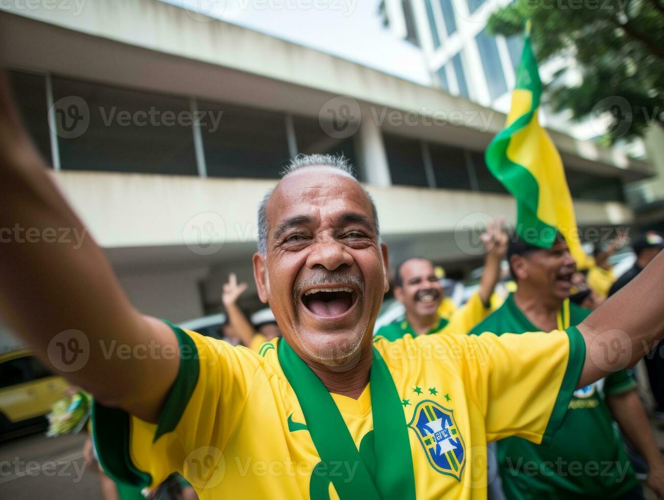 brasiliano uomo celebra il suo calcio squadre vittoria ai generativo foto