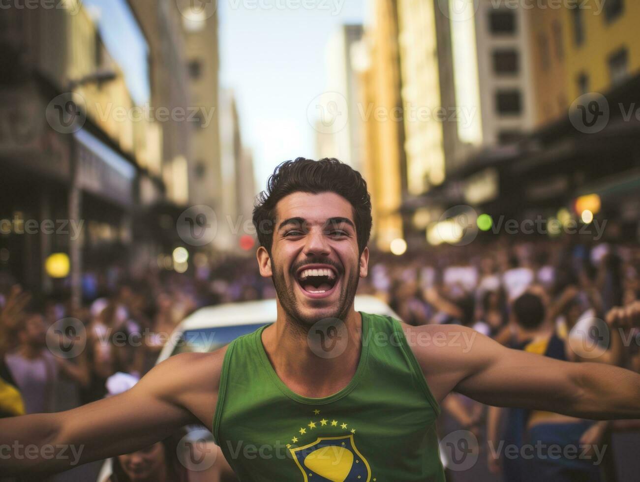 brasiliano uomo celebra il suo calcio squadre vittoria ai generativo foto