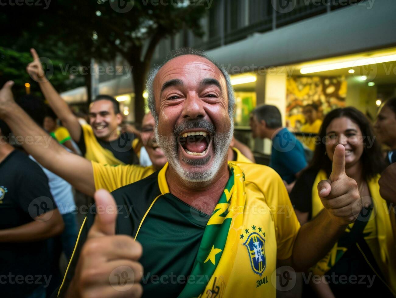 brasiliano uomo celebra il suo calcio squadre vittoria ai generativo foto