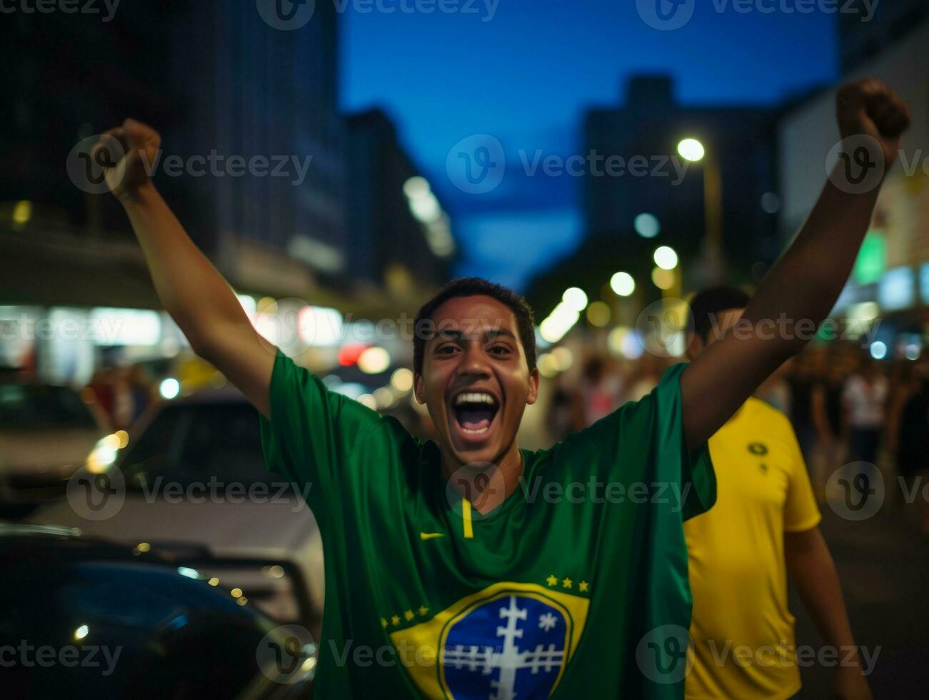 brasiliano uomo celebra il suo calcio squadre vittoria ai generativo foto