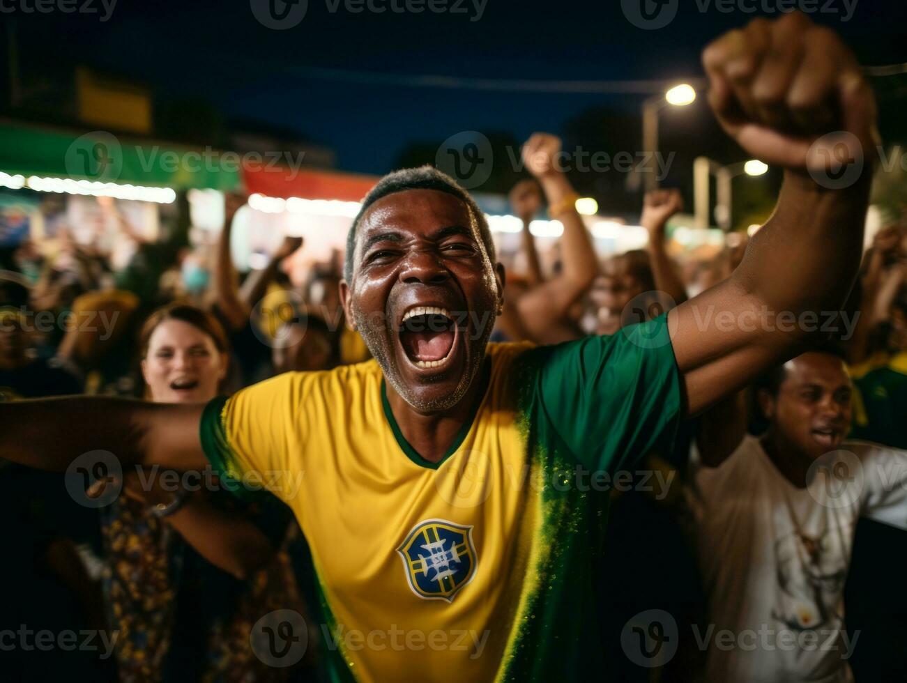 brasiliano uomo celebra il suo calcio squadre vittoria ai generativo foto