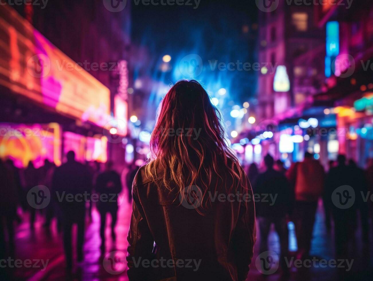 donna nel futuristico Abiti gode senza fretta passeggiare attraverso neon città strade ai generativo foto