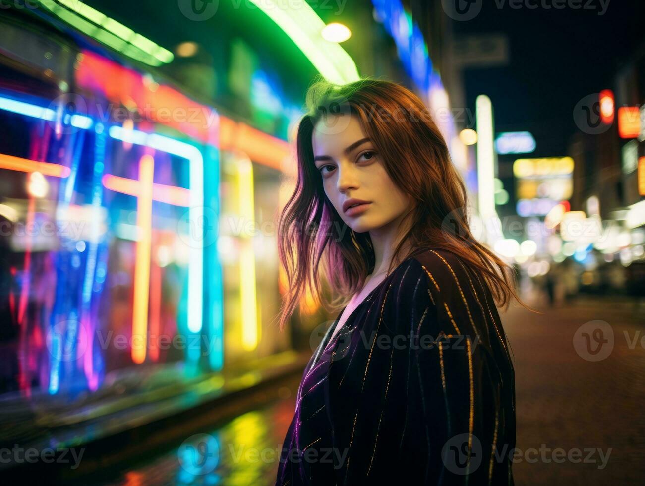 donna nel futuristico Abiti gode senza fretta passeggiare attraverso neon città strade ai generativo foto