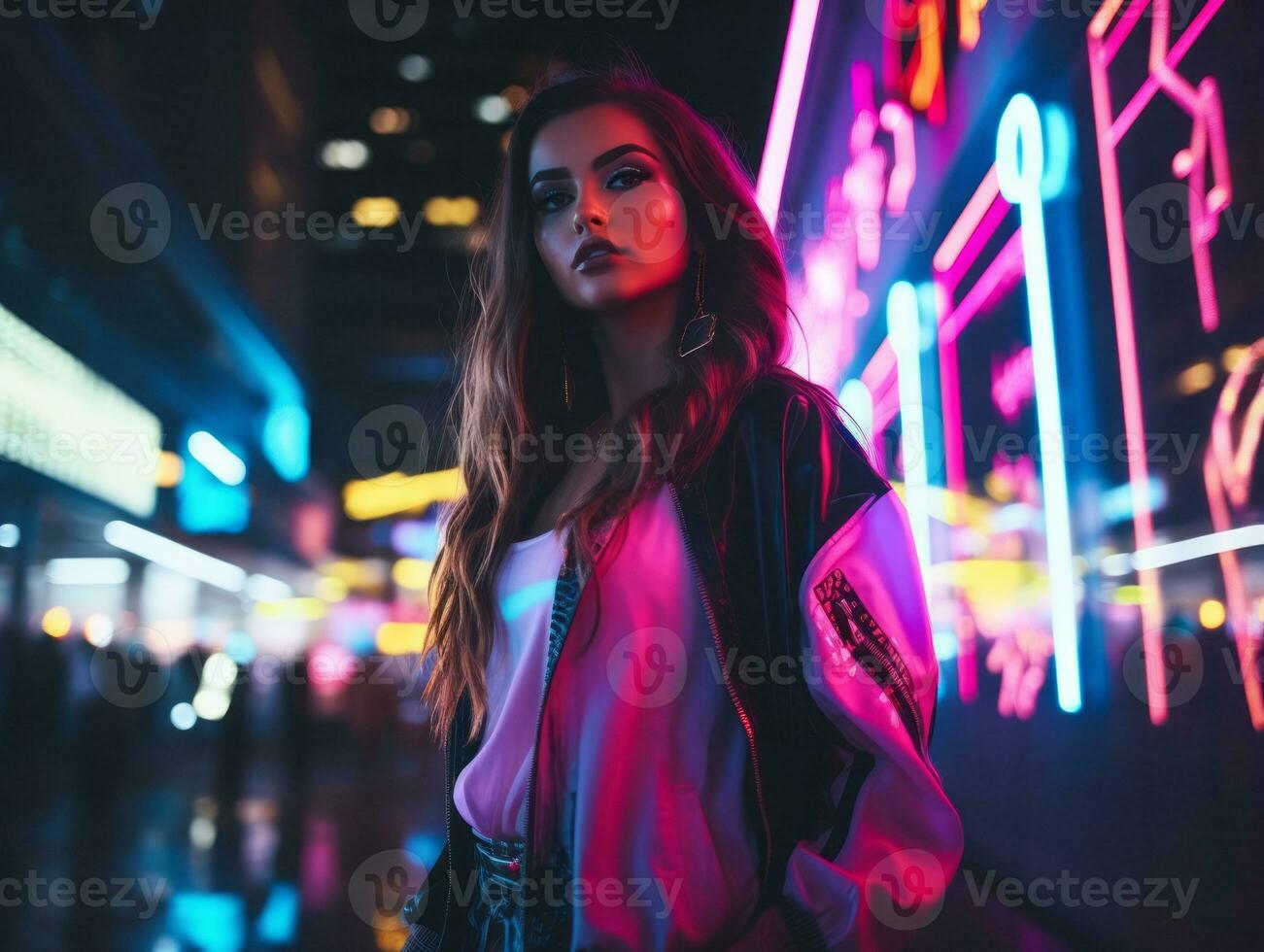 donna nel futuristico Abiti gode senza fretta passeggiare attraverso neon città strade ai generativo foto