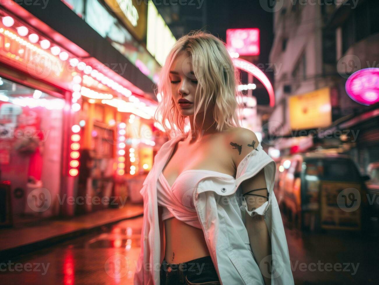 donna nel futuristico Abiti gode senza fretta passeggiare attraverso neon città strade ai generativo foto