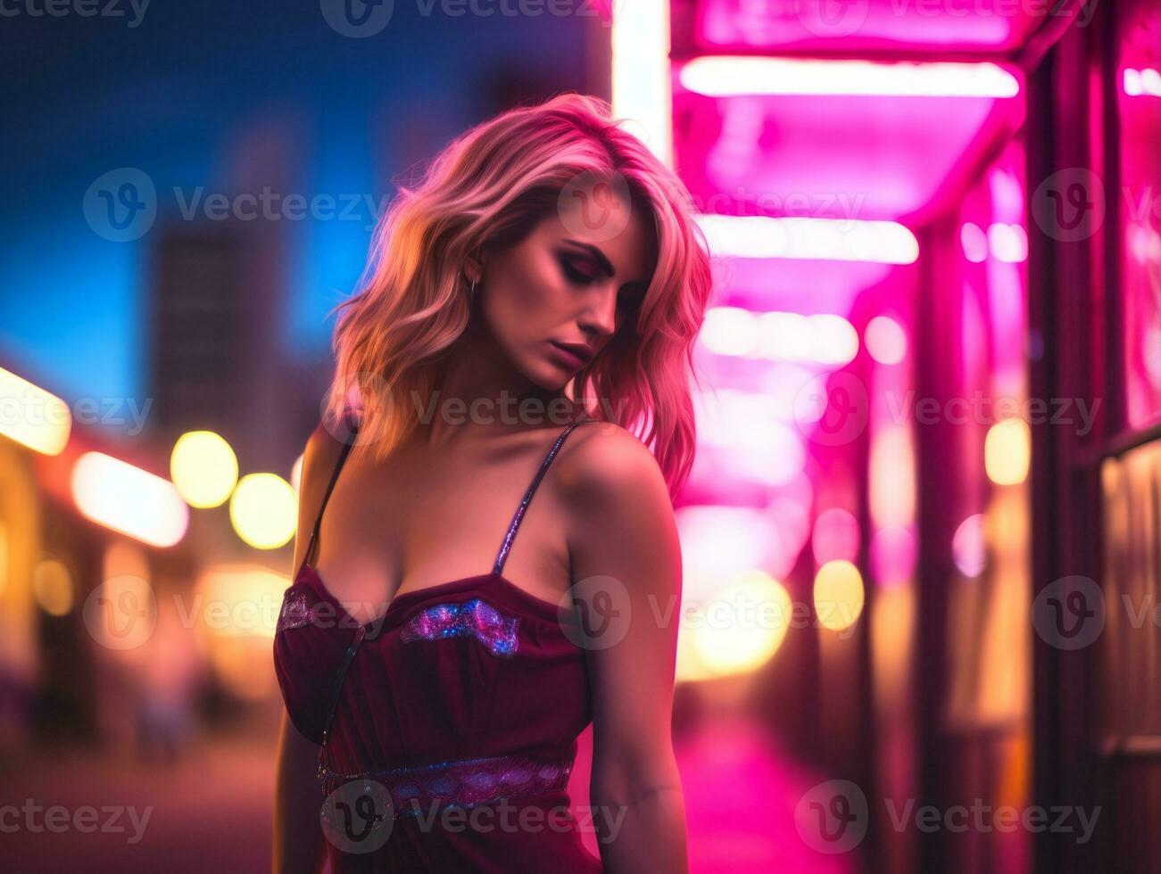 donna nel futuristico Abiti gode senza fretta passeggiare attraverso neon città strade ai generativo foto