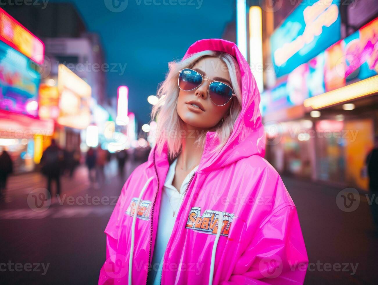 donna nel futuristico Abiti gode senza fretta passeggiare attraverso neon città strade ai generativo foto