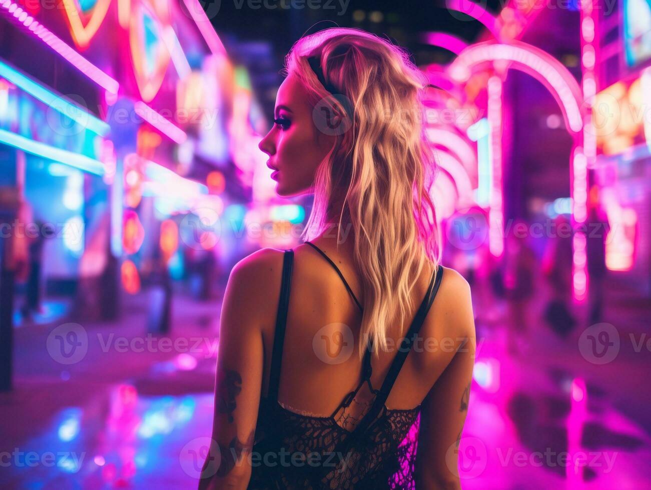 donna nel futuristico Abiti gode senza fretta passeggiare attraverso neon città strade ai generativo foto