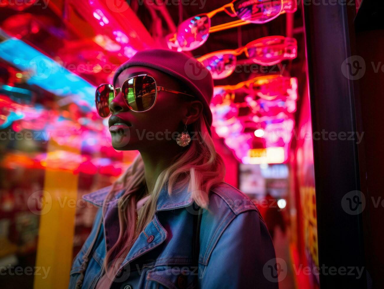 donna nel futuristico Abiti gode senza fretta passeggiare attraverso neon città strade ai generativo foto