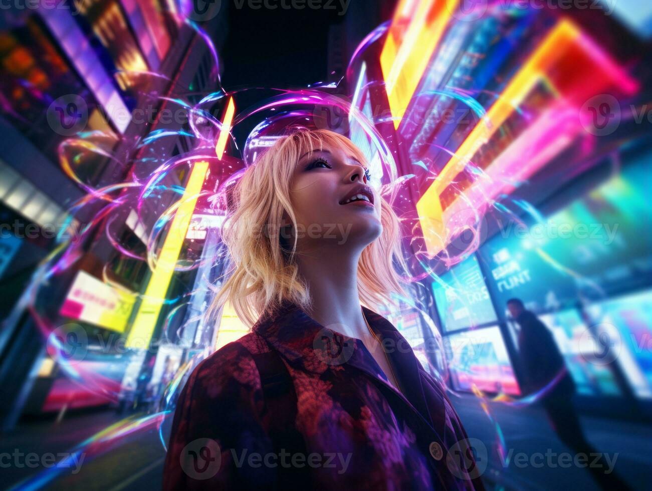 donna nel futuristico Abiti gode senza fretta passeggiare attraverso neon città strade ai generativo foto