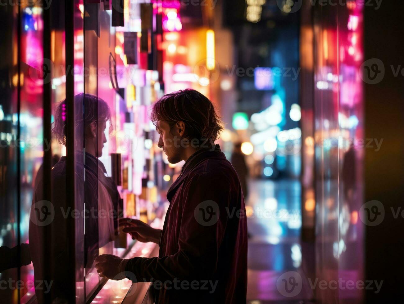 uomo nel futuro prova Abiti gode un' senza fretta passeggiare attraverso un' neon illuminato città strade ai generativo foto