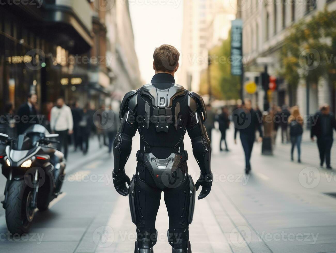 uomo nel futuristico Abiti gode un' senza fretta passeggiare attraverso un' città strade ai generativo foto