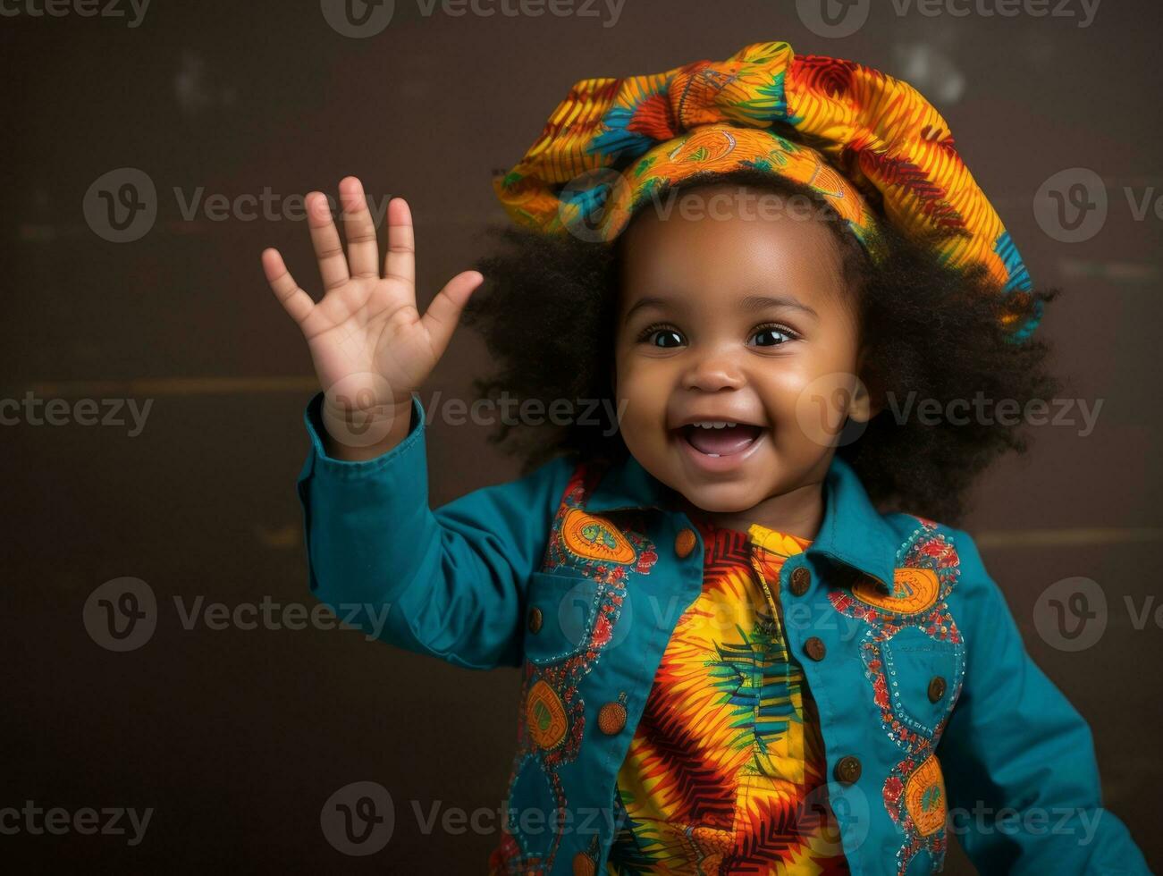 adorabile bambino con vivace capi di abbigliamento nel un' giocoso posa ai generativo foto