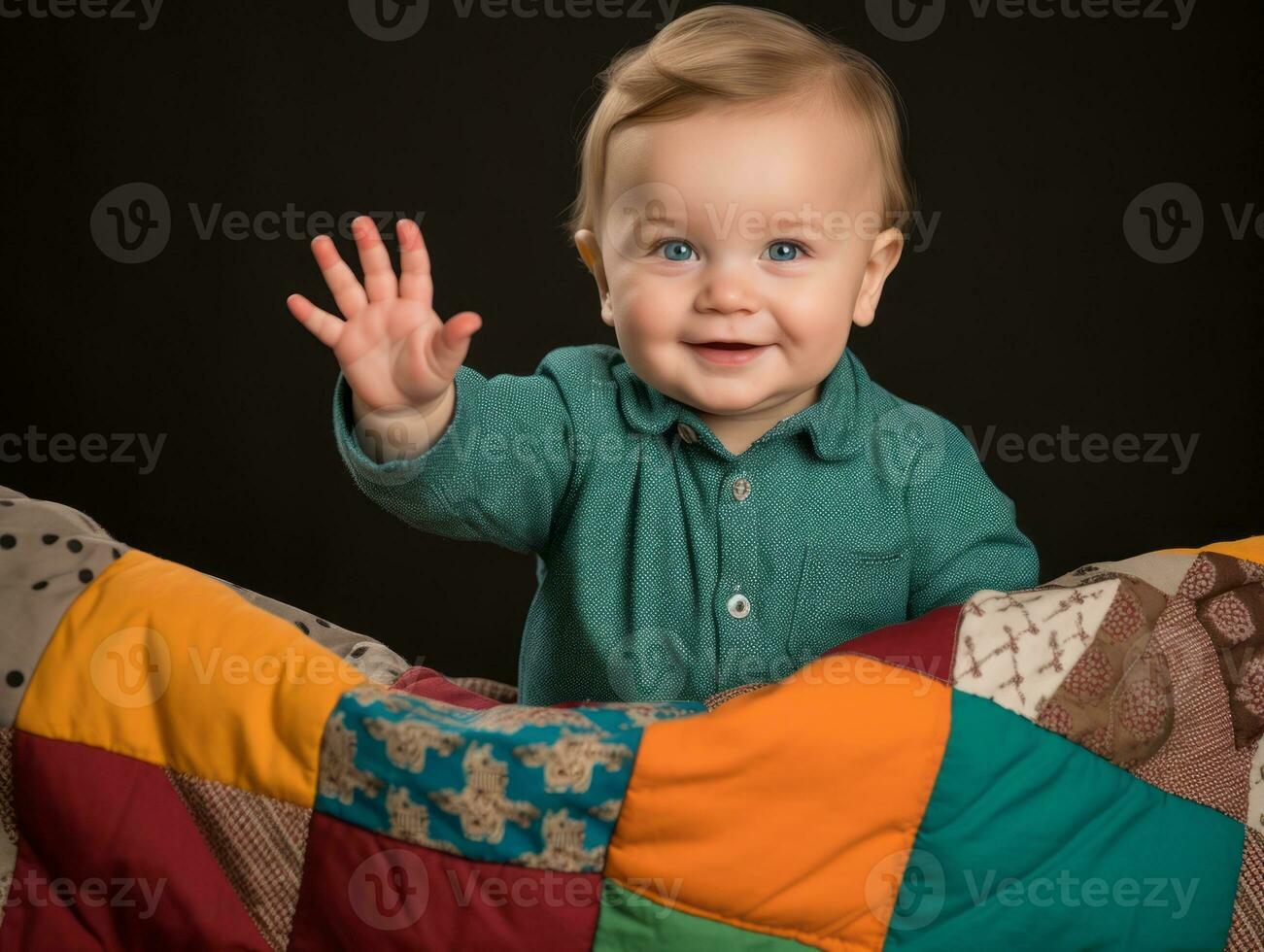 adorabile bambino con vivace capi di abbigliamento nel un' giocoso posa ai generativo foto