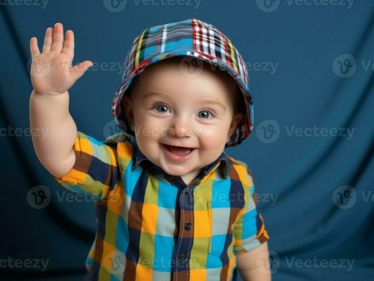 adorabile bambino con vivace capi di abbigliamento nel un' giocoso posa ai generativo foto