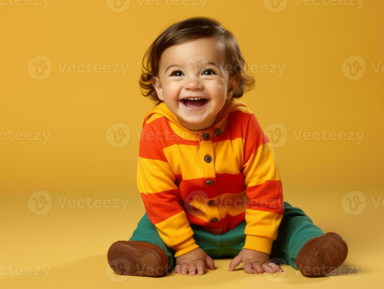 adorabile bambino con vivace capi di abbigliamento nel un' giocoso posa ai generativo foto