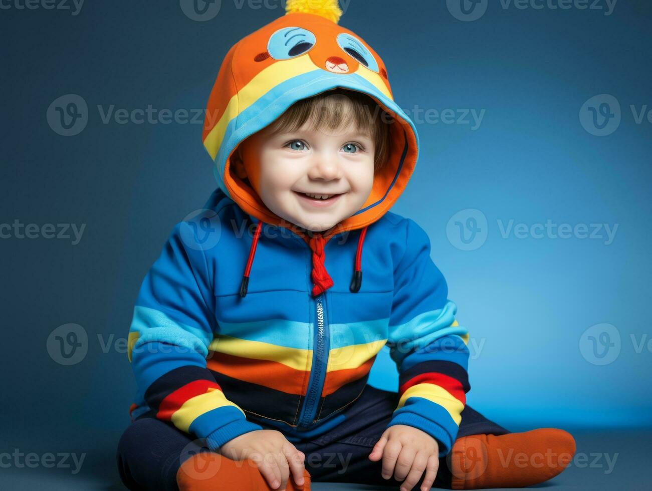 adorabile bambino con vivace capi di abbigliamento nel un' giocoso posa ai generativo foto