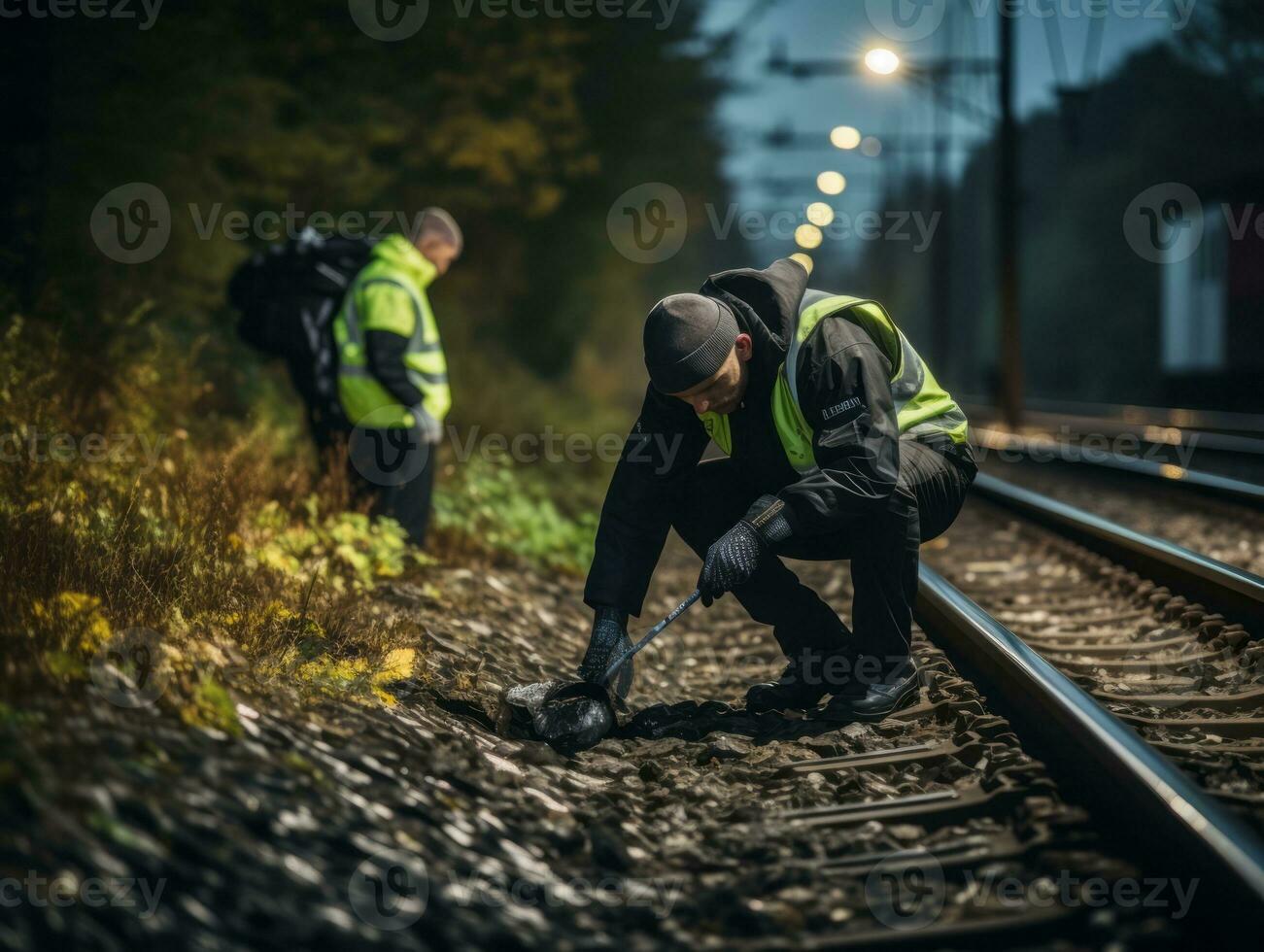 poliziotto è meticolosamente l'esame il scena per prova durante il suo indagine ai generativo foto