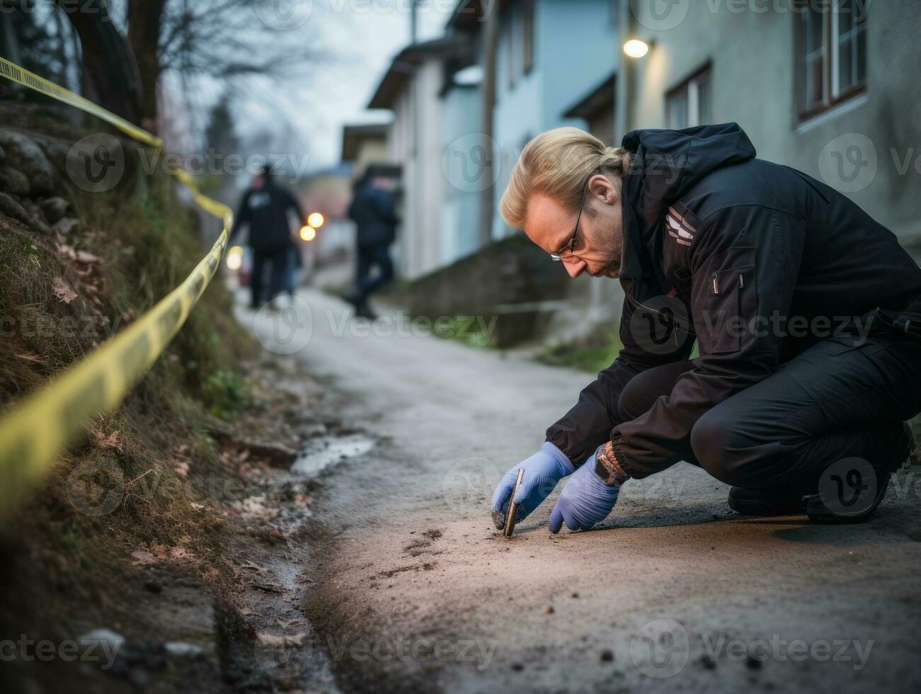 poliziotto è meticolosamente l'esame il scena per prova durante il suo indagine ai generativo foto