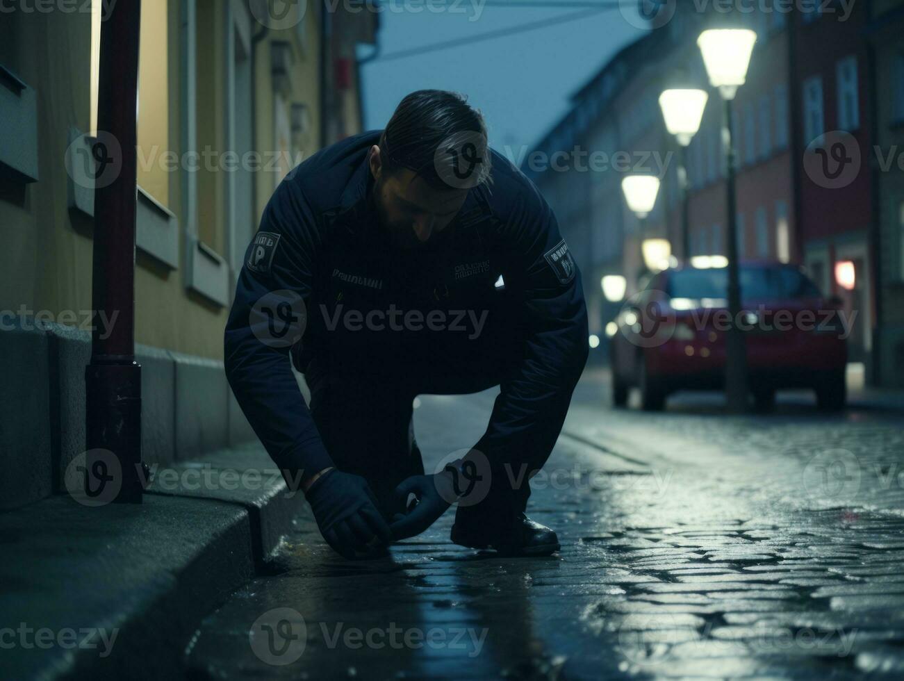 poliziotto è meticolosamente l'esame il scena per prova durante il suo indagine ai generativo foto