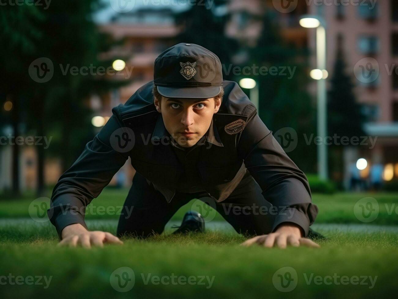 poliziotto è meticolosamente l'esame il scena per prova durante il suo indagine ai generativo foto