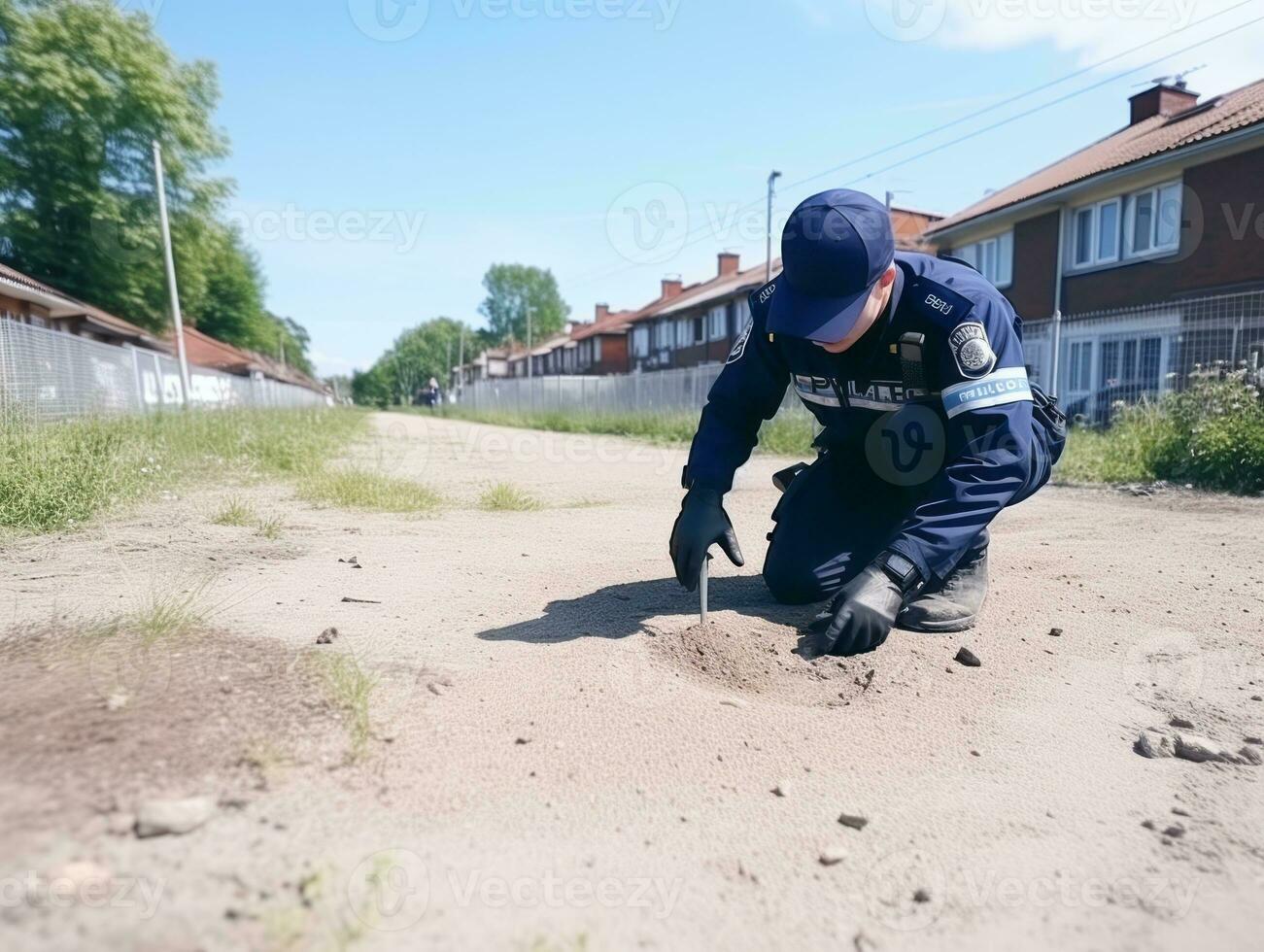 poliziotto è meticolosamente l'esame il scena per prova durante il suo indagine ai generativo foto