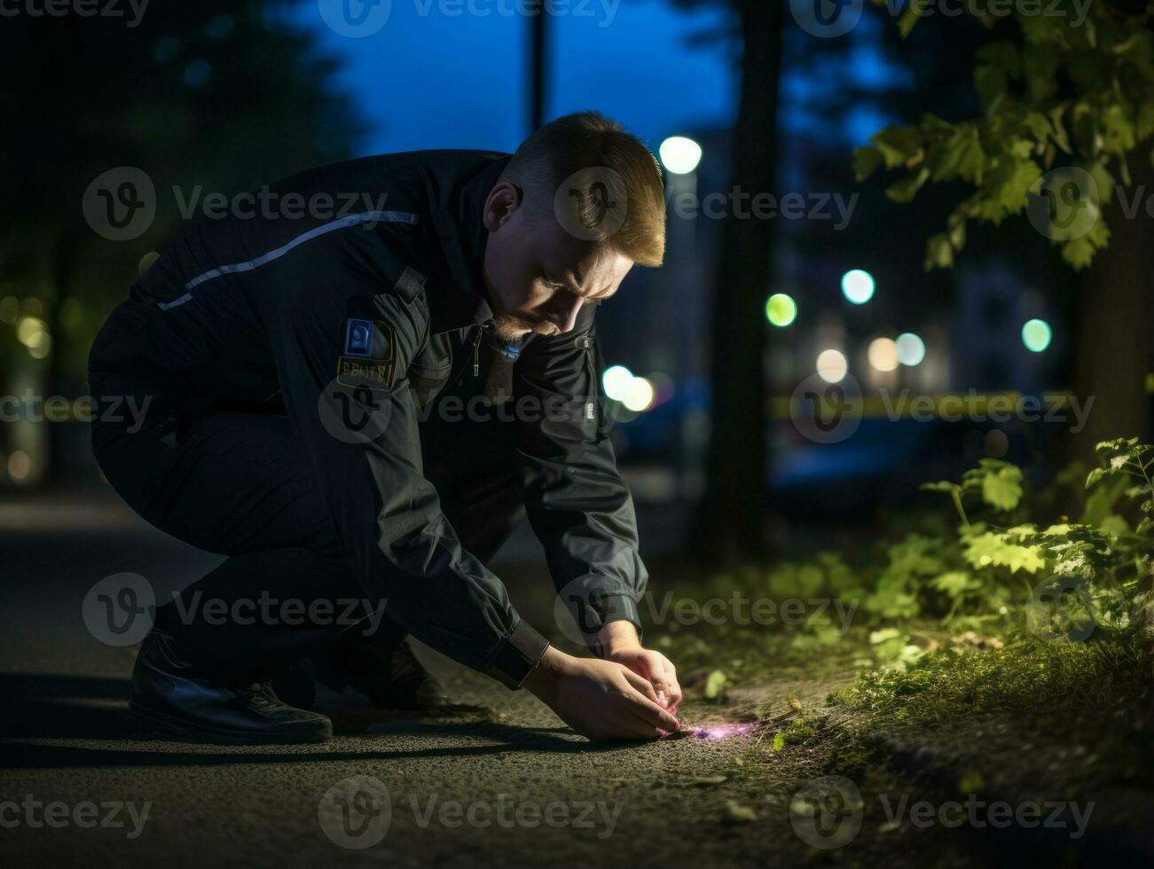 poliziotto è meticolosamente l'esame il scena per prova durante il suo indagine ai generativo foto