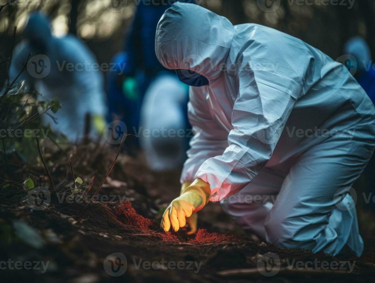 poliziotto è meticolosamente l'esame il scena per prova durante il suo indagine ai generativo foto