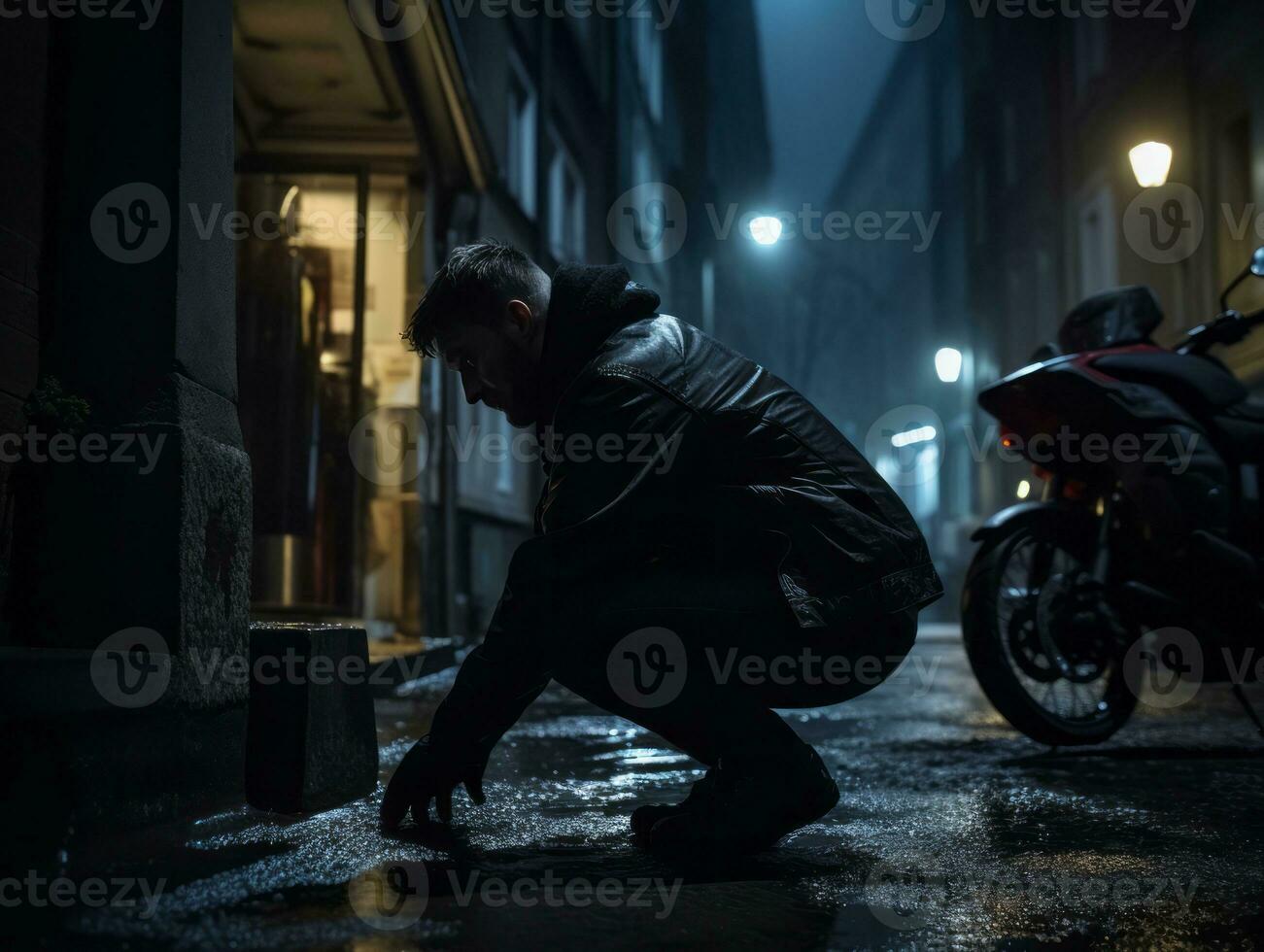 poliziotto è meticolosamente l'esame il scena per prova durante il suo indagine ai generativo foto