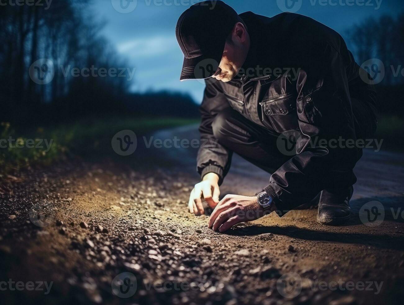 poliziotto è meticolosamente l'esame il scena per prova durante il suo indagine ai generativo foto