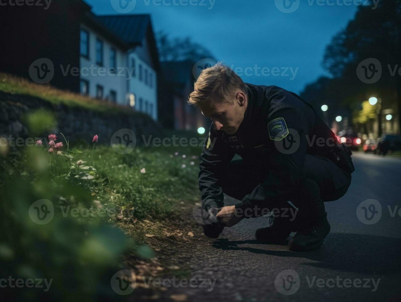 poliziotto è meticolosamente l'esame il scena per prova durante il suo indagine ai generativo foto