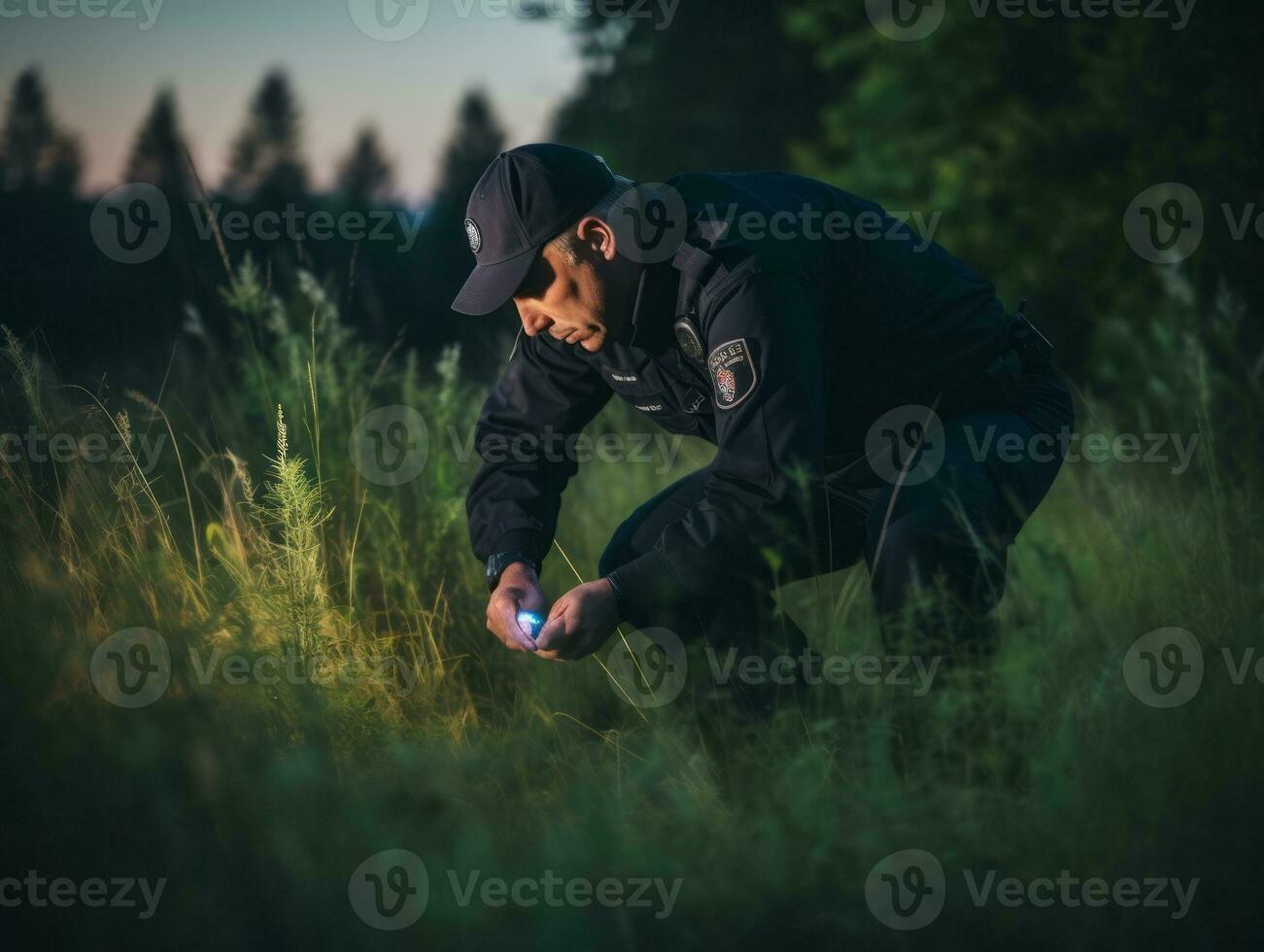 poliziotto è meticolosamente l'esame il scena per prova durante il suo indagine ai generativo foto