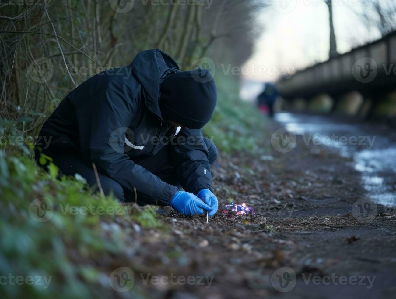 poliziotto è meticolosamente l'esame il scena per prova durante il suo indagine ai generativo foto