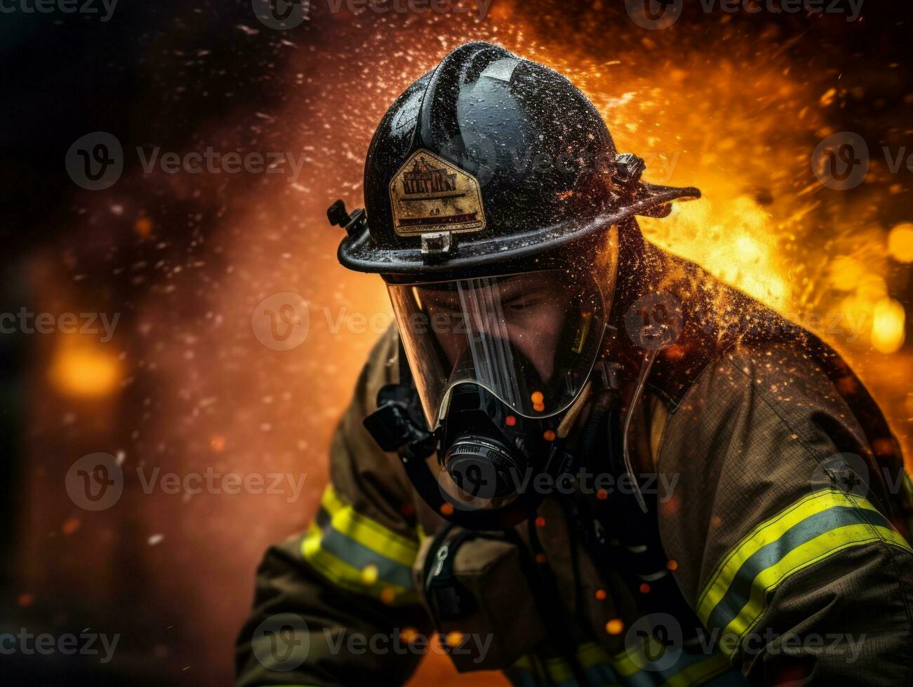 coraggioso maschio pompiere senza paura affronta il sfolgorante inferno ai generativo foto