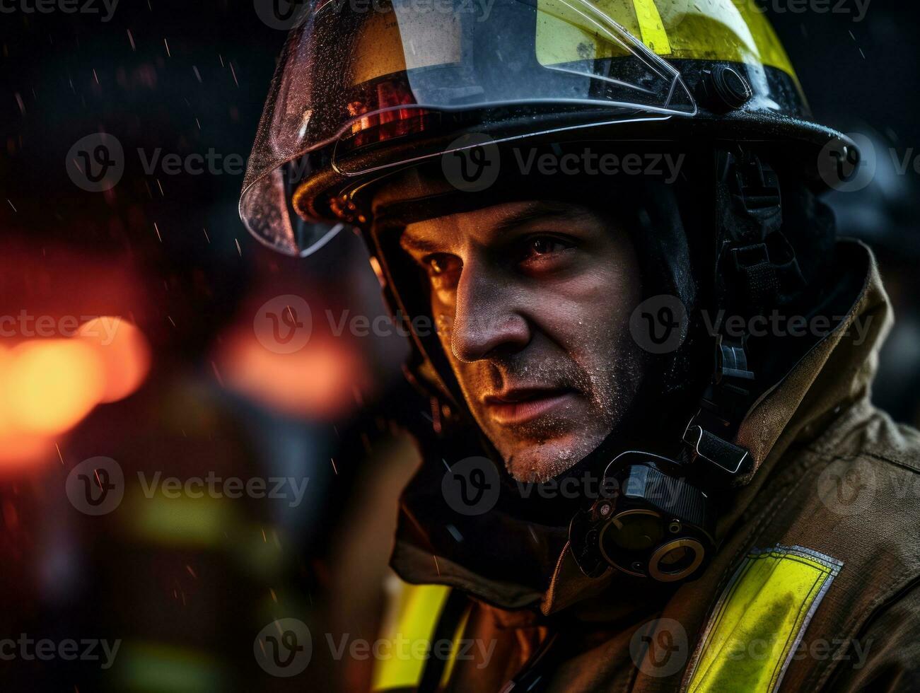 coraggioso maschio pompiere senza paura affronta il sfolgorante inferno ai generativo foto