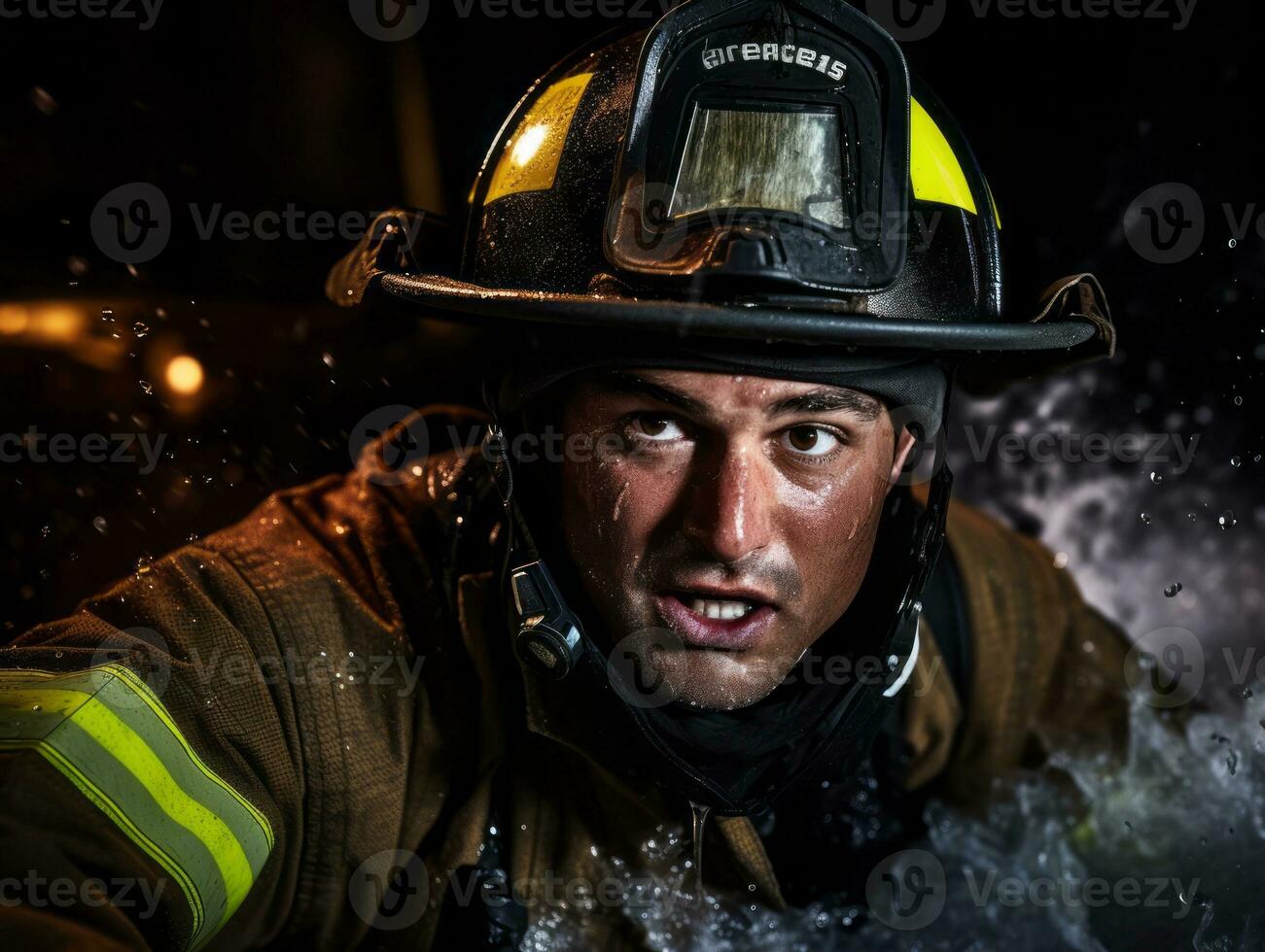 coraggioso maschio pompiere senza paura affronta il sfolgorante inferno ai generativo foto