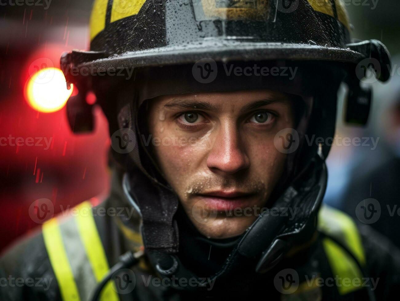 coraggioso maschio pompiere senza paura affronta il sfolgorante inferno ai generativo foto