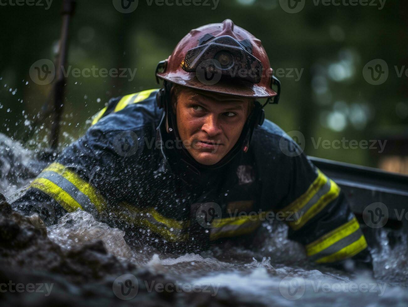 coraggioso maschio pompiere senza paura affronta il sfolgorante inferno ai generativo foto