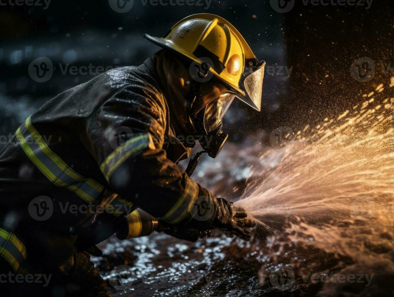 coraggioso maschio pompiere senza paura affronta il sfolgorante inferno ai generativo foto