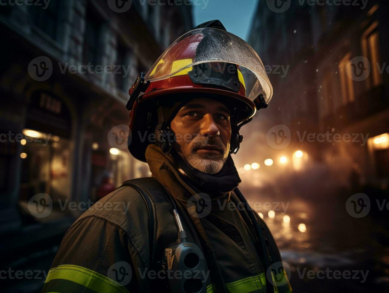 coraggioso maschio pompiere senza paura affronta il sfolgorante inferno ai generativo foto