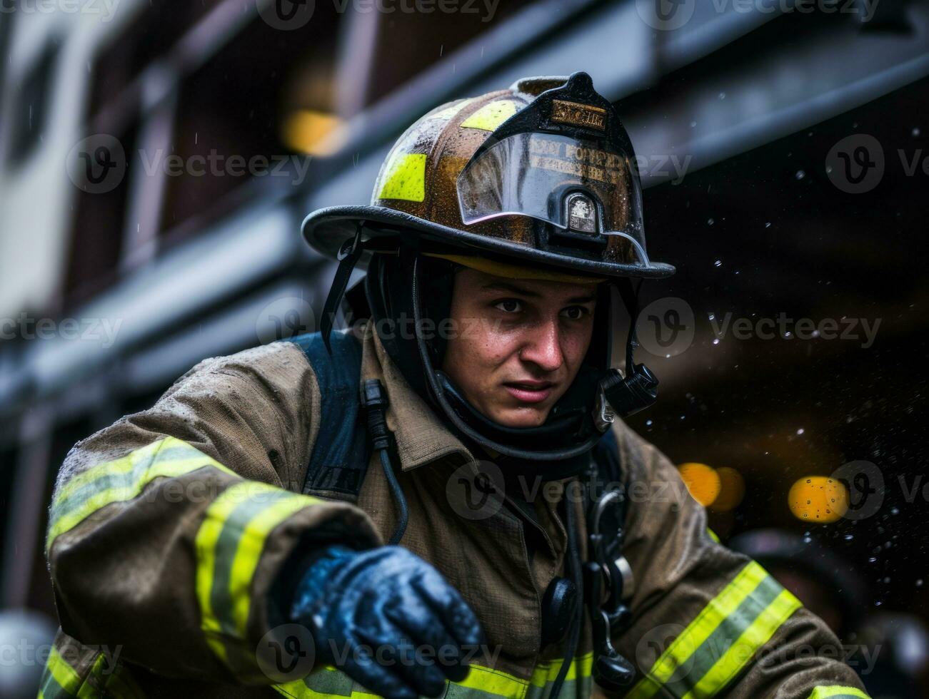 coraggioso maschio pompiere senza paura affronta il sfolgorante inferno ai generativo foto