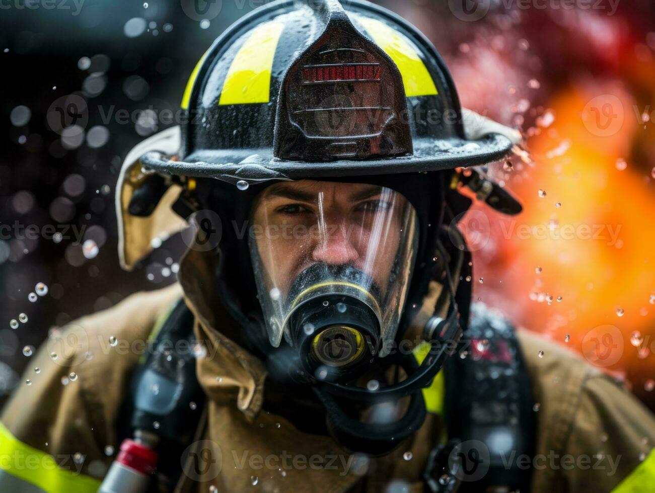 coraggioso maschio pompiere senza paura affronta il sfolgorante inferno ai generativo foto