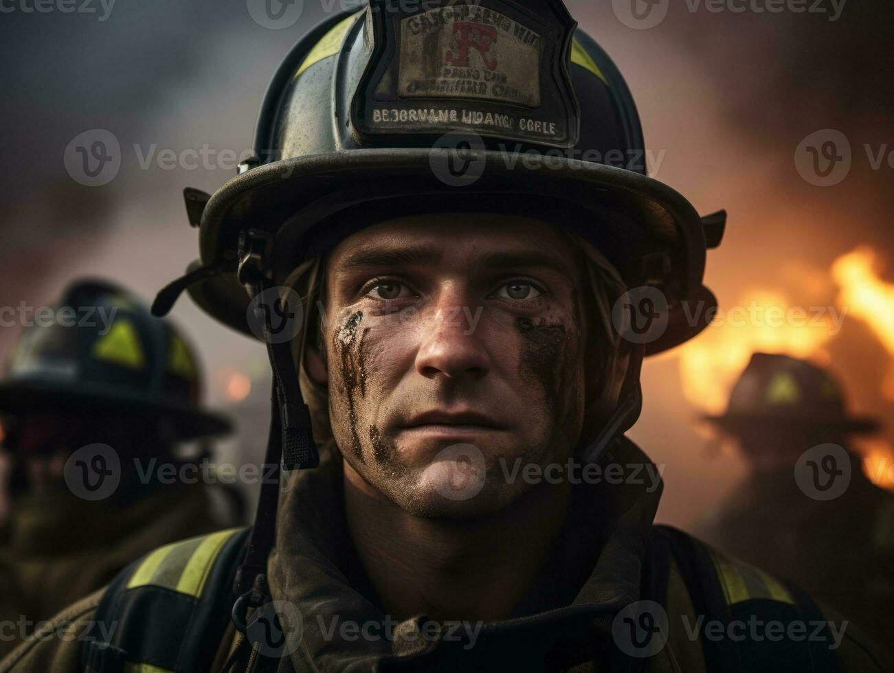 coraggioso maschio pompiere senza paura affronta il sfolgorante inferno ai generativo foto