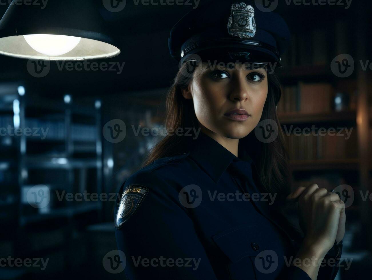 poliziotta è accuratamente l'esame il crimine scena per potenziale prova ai generativo foto