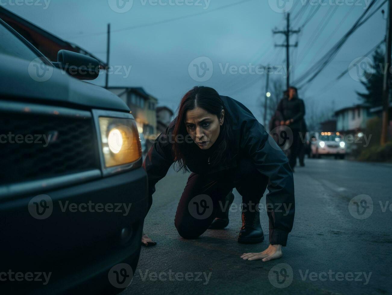 poliziotta è accuratamente l'esame il crimine scena per potenziale prova ai generativo foto