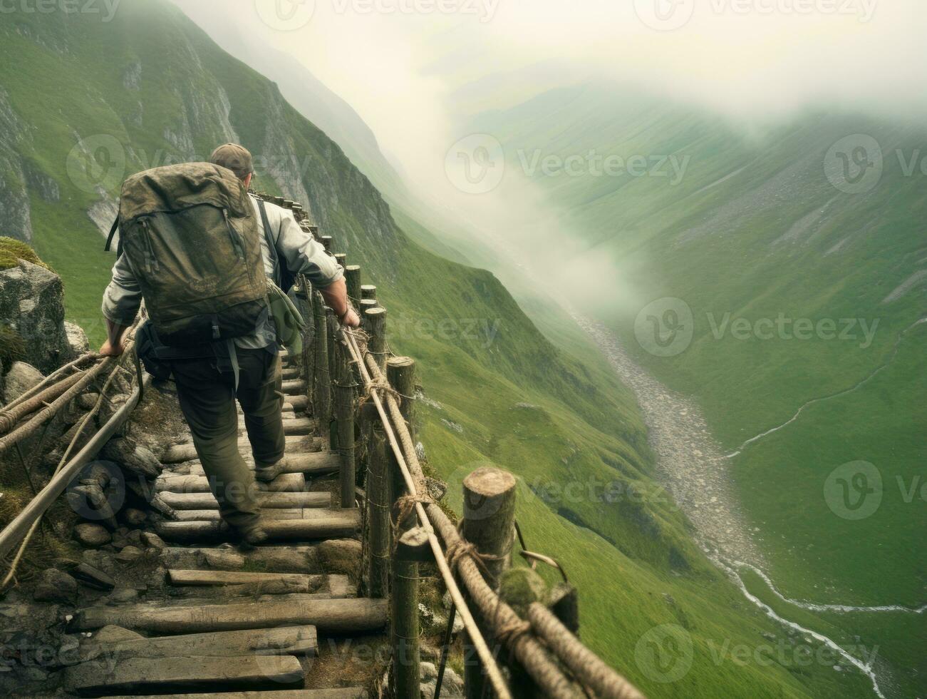 determinato uomo si arrampica un' ripido montagna pista ai generativo foto