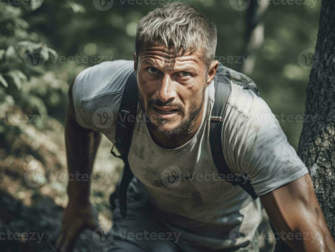 determinato uomo si arrampica un' ripido montagna pista ai generativo foto